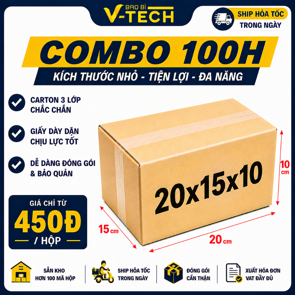 [COMBO] 100 Hộp carton đóng hàng 20x15x10cm hộp giấy gói hàng giá rẻ