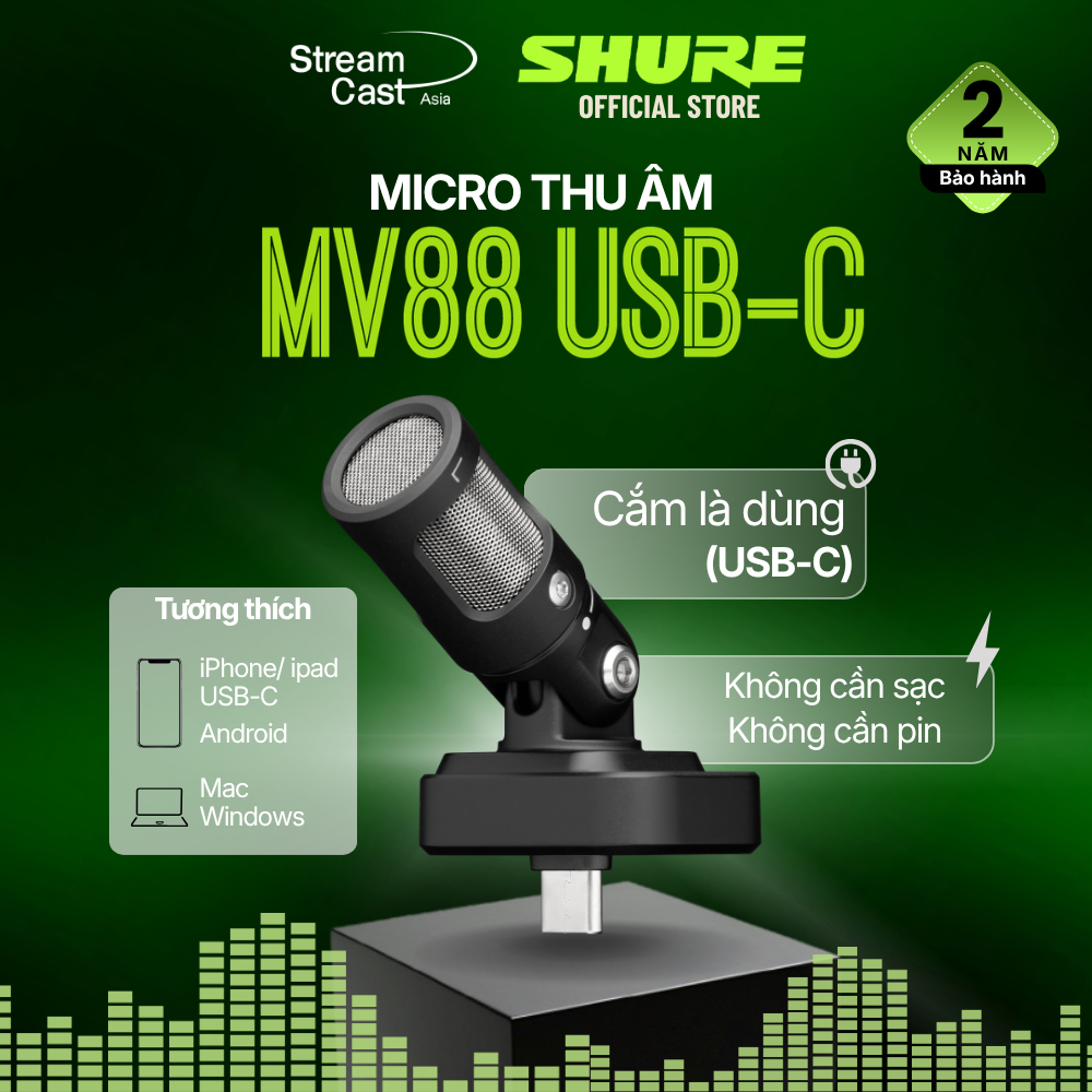 Micro thu âm SHURE MV88 USB-C | Cổng kết nối Type-C dành cho điện thoại, máy tính phù hợp content cr