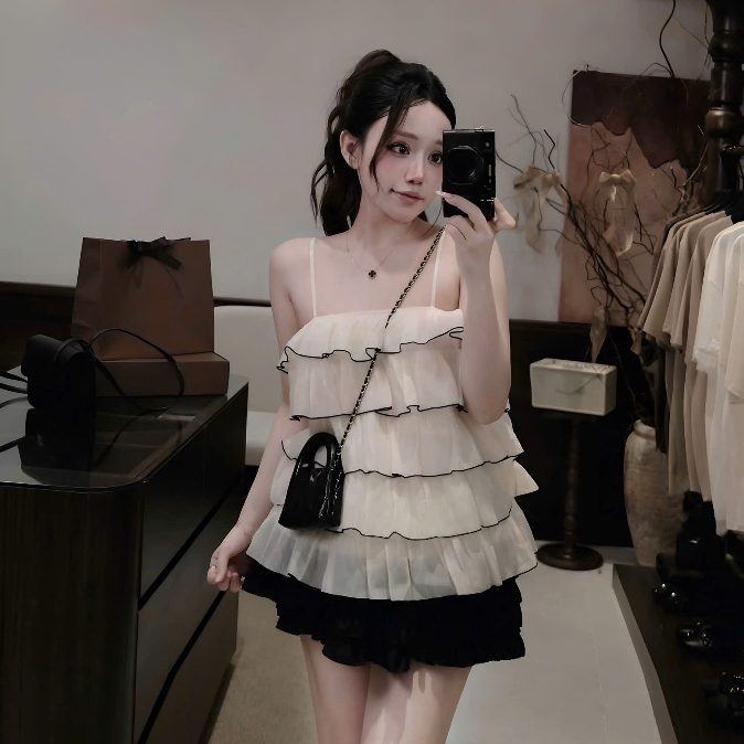 [Tặng Kèm Dán Nguc] Áo 2 Dây Babydoll Voan Mềm Phối Nhiều Tầng Bánh Bèo Sang Chảnh | BigBuy360 - bigbuy360.vn