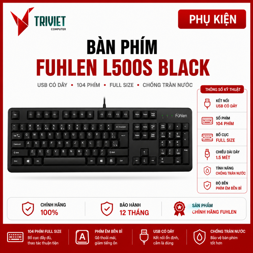 Bàn Phím Fuhlen L500S Black USB Full Size Chống Nước - Bàn Phím Máy Tính Văn Phòng, Học Tập, Gaming