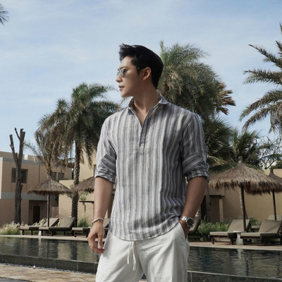 [FORM RỘNG] Áo sơ mi nam HEBOZ linen henley stripe 3M họa tiết sọc thời thượng - 00003156