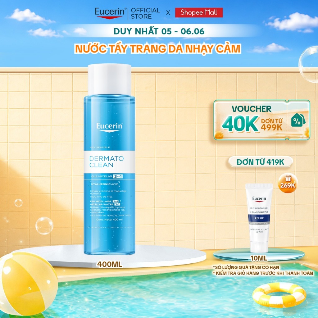Nước tẩy trang dịu nhẹ cho da nhạy cảm Eucerin DermatoClean Micellar 3in1 400ml