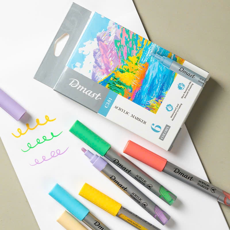 Bút Sơn Acrylic Marker Dmast Deli Cao Cấp - Hộp 6 Màu - Chống Nước Vẽ Trên Mọi Chất Liệu Metallic Co