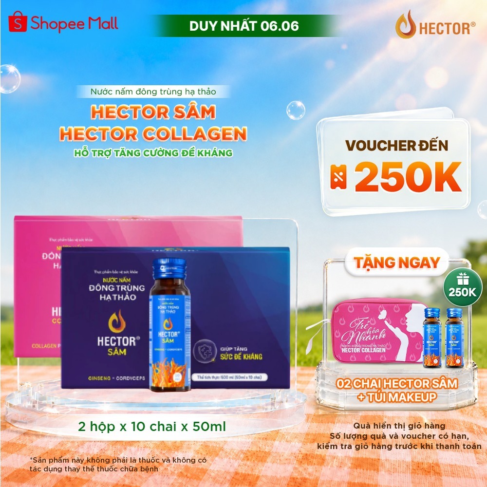 Bộ 2 Hộp Nước Nấm Đông Trùng Hạ Thảo HECTOR Sâm và HECTOR Collagen tăng đề kháng, bổ sung collagen