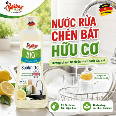 Nước Rửa Chén Bát, Bình Sữa Poliboy Nội Địa Đức, Hữu Cơ Chuẩn Châu Âu, 500ml