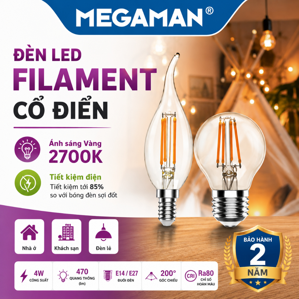 Bóng đèn LED Filament MEGAMAN 4W đui E27 – Ánh sáng vàng 2700K – Trang trí vintage