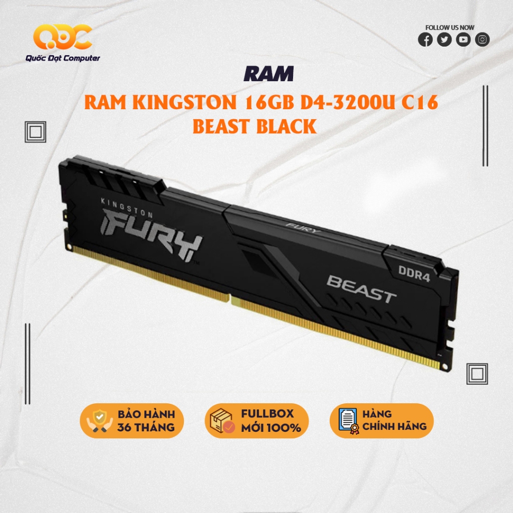 Ram máy tính Kingston 16GB D4-3200U C16 Beast Black (KF432C16BB1/16WP)