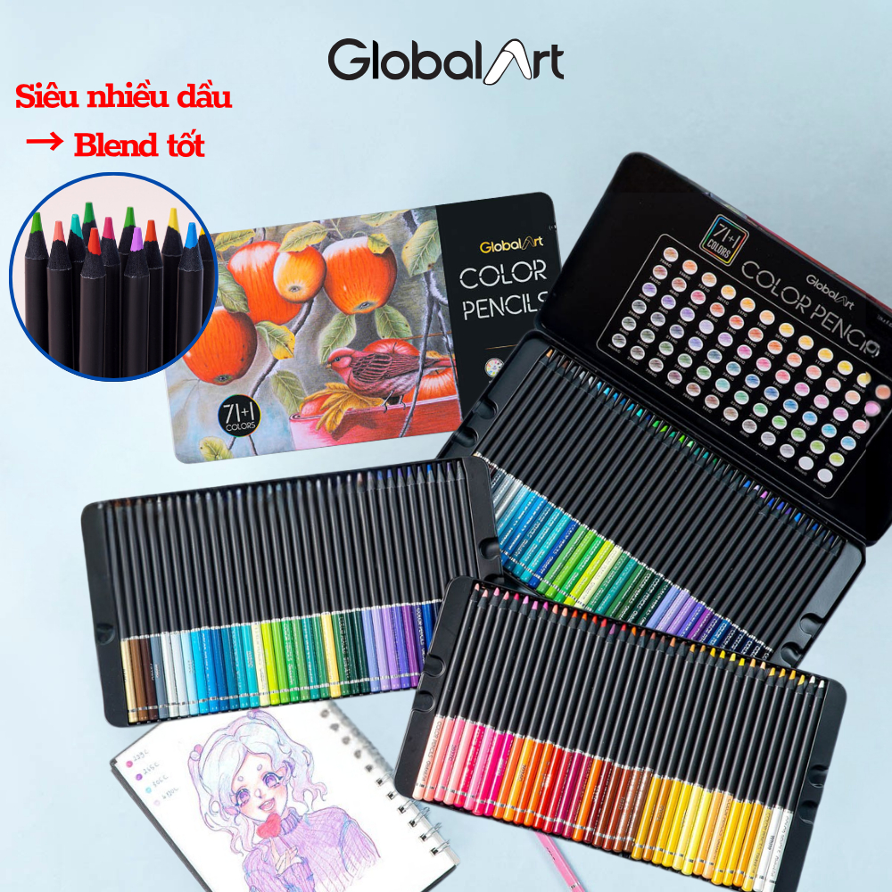 [Tặng Sáp Màu] Bút Chì Màu Gốc Dầu Global Art 36/72 Màu Chì Hộp Thiếc Lõi 4mm Màu Đậm Mịn Không Ra V