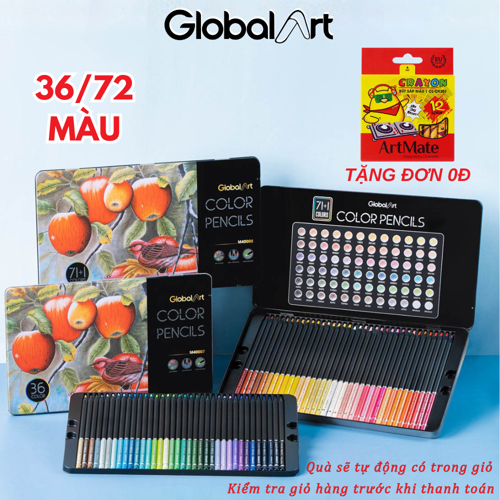[Tặng Sáp Màu] Màu Chì Hộp Thiếc 36 Màu Global Art Bút Chì Màu Gốc Dầu Màu Đậm Vẽ Tranh Tô Màu Thiết