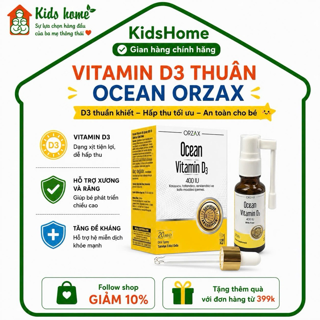 Xịt Vitamin D3 Ocean Orzax Lọ 20ml hỗ trợ phát triển chiều cao tăng sức đề kháng cho bé nhập khẩu ch