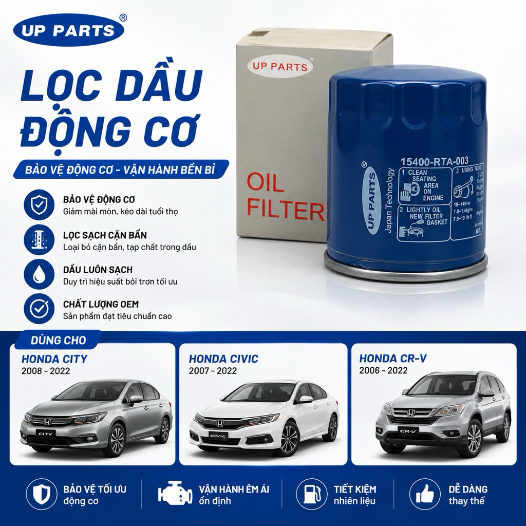 Lọc dầu động cơ Honda CITY 2008-2022; CIVIC 2007- 2022; CRV 2006-2022 (UP PARTS)