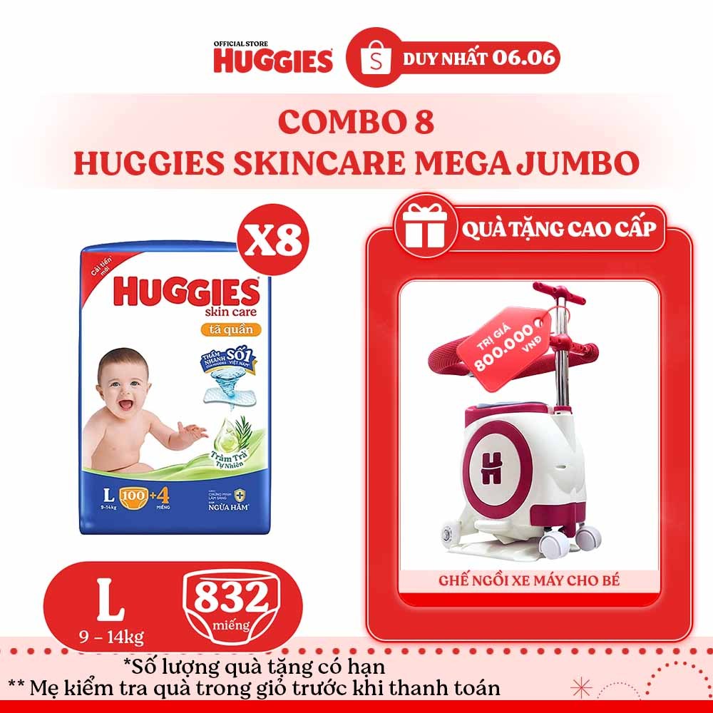 Combo 8 Tã quần Huggies Skincare Mega Jumbo M102+4/L100+4/XL84+4/XXL76+4