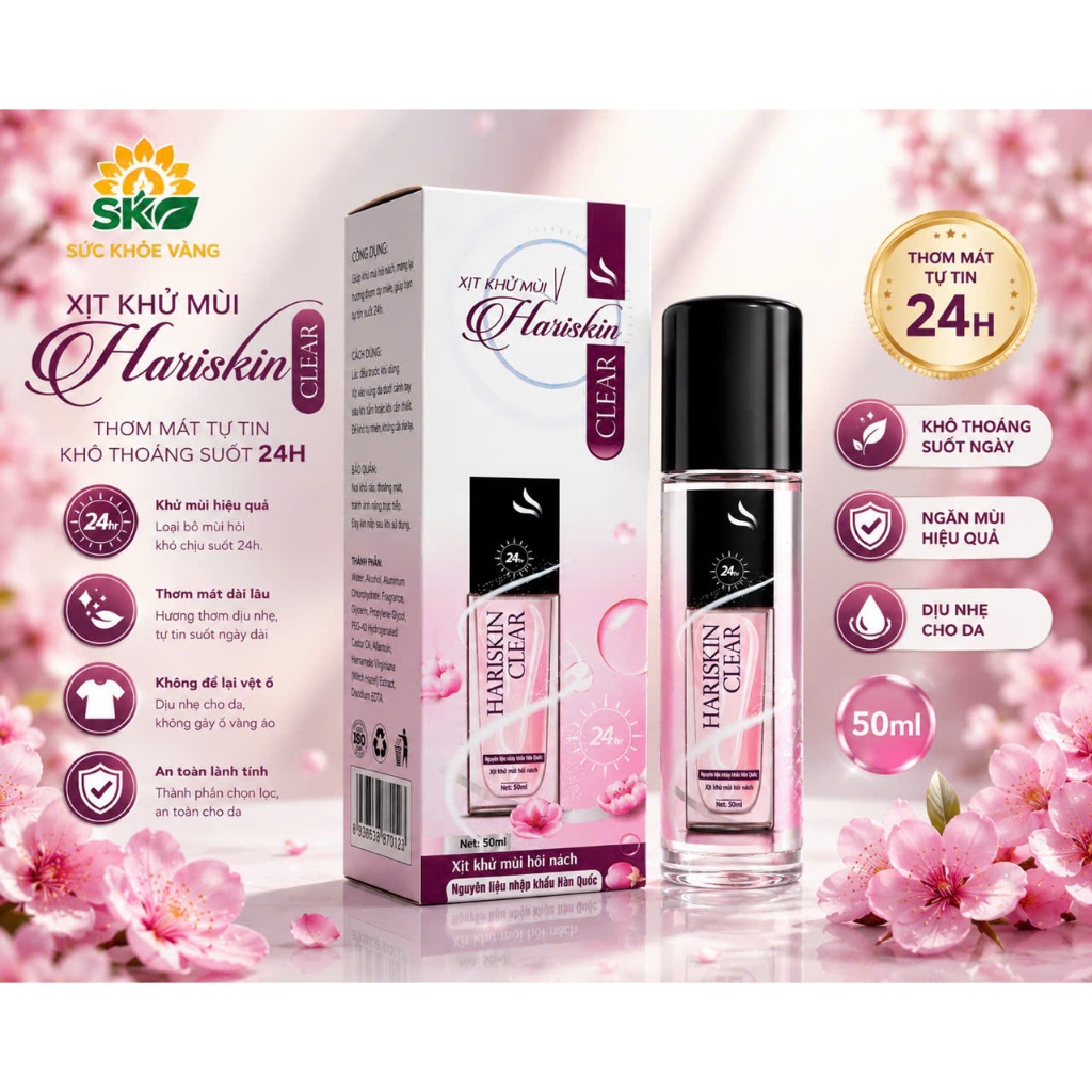 🌸 Hariskin Clear – Xịt Khử Mùi Dịu Nhẹ, Khô Thoáng Suốt Ngày