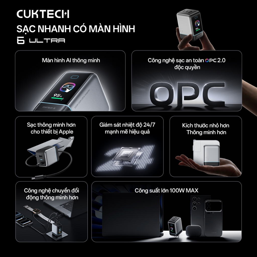 Củ Sạc Nhanh CUKTECH GaN 100W Màn Hình Hiển Thị 3 Cổng Type-C Sạc Laptop 65W Tương Thích iP 17 Pro Max/MacBook/Xiaomi | BigBuy360 - bigbuy360.vn