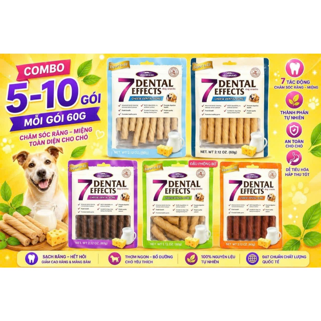 Combo 5 &10 Gói Xương Gặm Dental Cho Chó 7 Dental Effects 60g ,Chăm Sóc Răng Miệng, Giảm Mảng Bám
