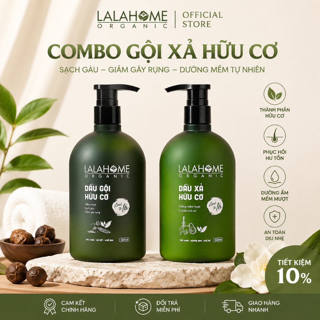 🌿 {CHÍNH HÃNG} COMBO DẦU GỘI + DẦU XẢ LALAHOME ORGANIC 500ML – GIẢM GÀU, MỀM MƯỢT, CHẮC KHỎE TÓC