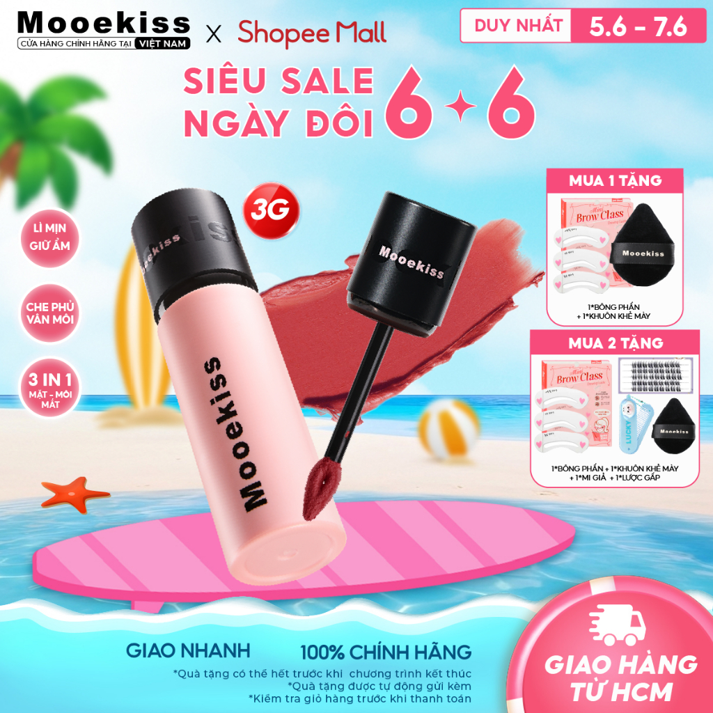 Son lì Mooekiss kết cấu lì mềm mại dưỡng ẩm nhẹ thoáng khí hiệu ứng trang điểm lâu trôi V01 3g