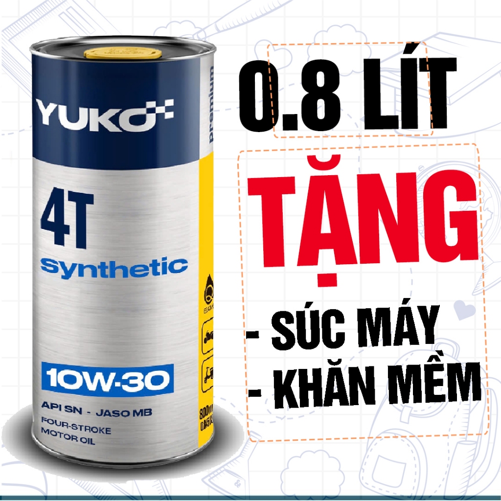 (Mẫu Mới) Nhớt Xe Ga YUKO 10W30 800ml, API SN, JASO MB, Nhớt Tổng Hợp Nhập Châu Âu