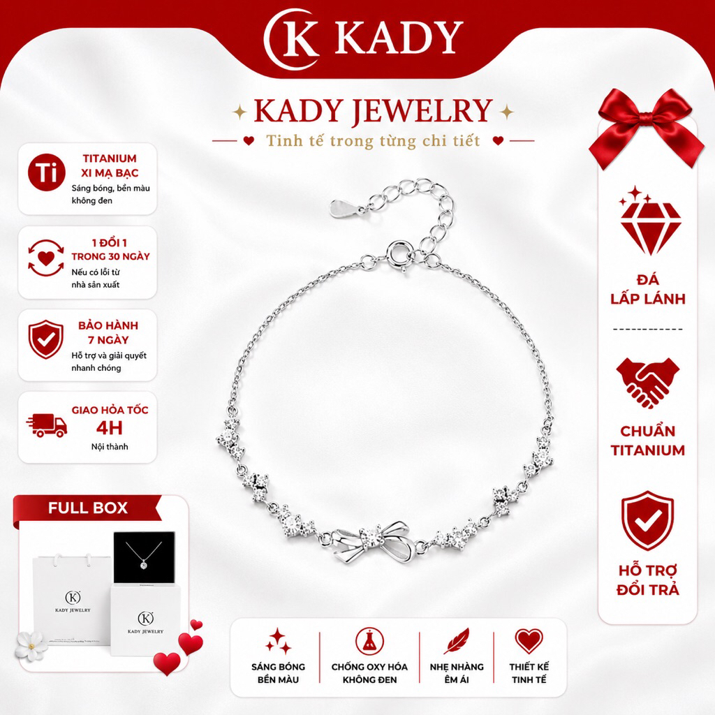 Lắc Tay khuy nơ đính đá lấp lánh KADY JEWELRY (FULL BOX + HỘP)