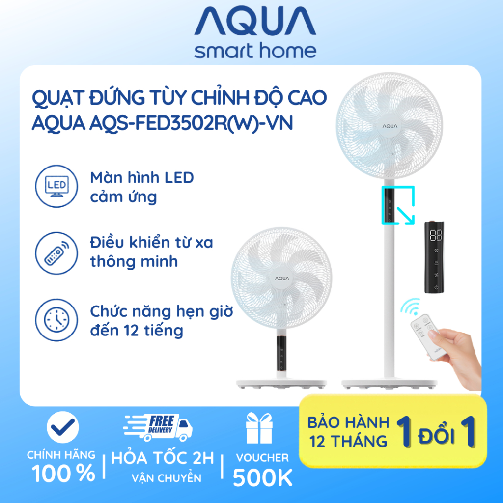 Quạt Đứng AQUA AQS-FED3502R 7 Cánh, Cảm ứng, Remote, Êm Cho Phòng Ngủ, Hẹn Giờ 12H