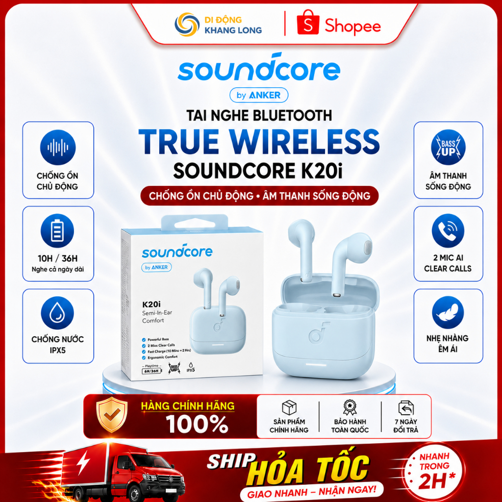 Tai nghe không dây Anker Soundcore K20i | Siêu gọn nhẹ bền | Chống nước IPX5 - Bảo hành Chính hãng 18 tháng