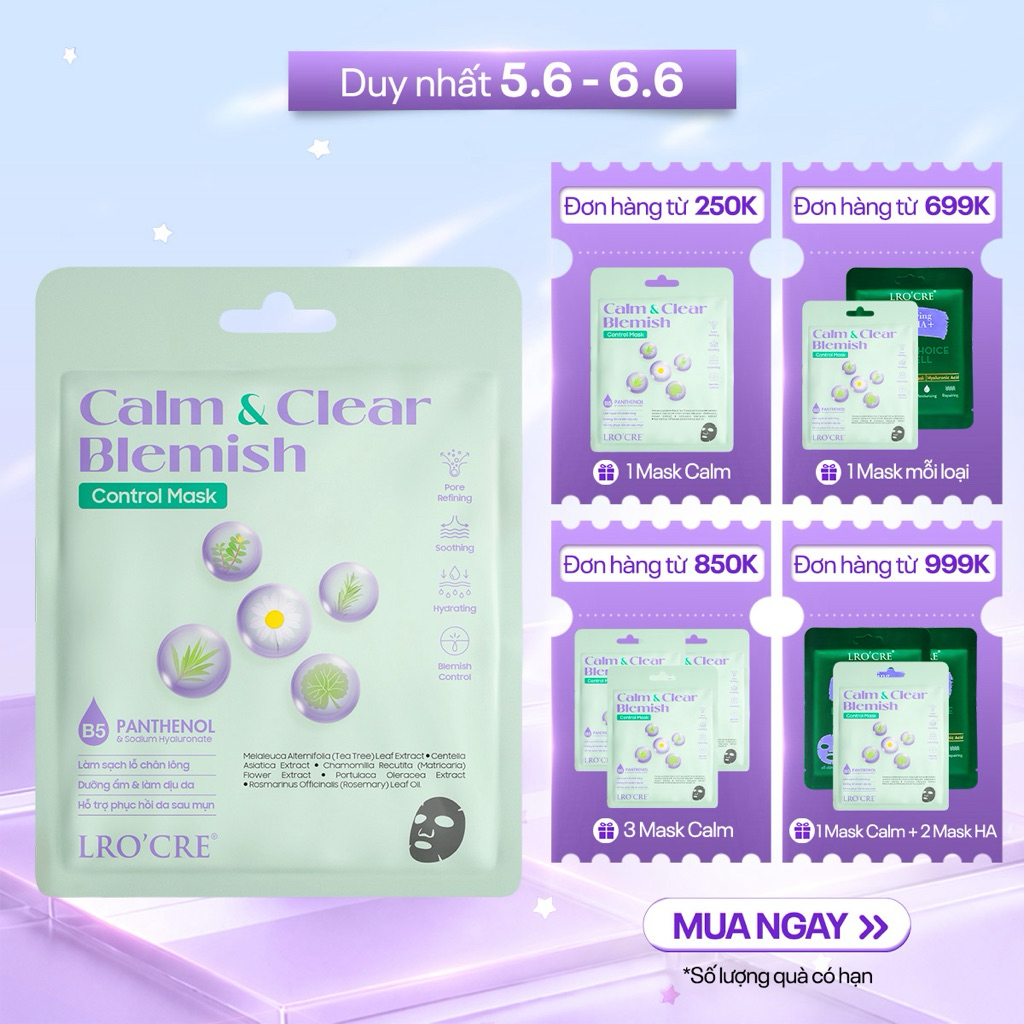 Mặt Nạ Than Hoạt Tính Lro'Cre Calm & Clear Blemish Control Mask 125g/ 5 Miếng