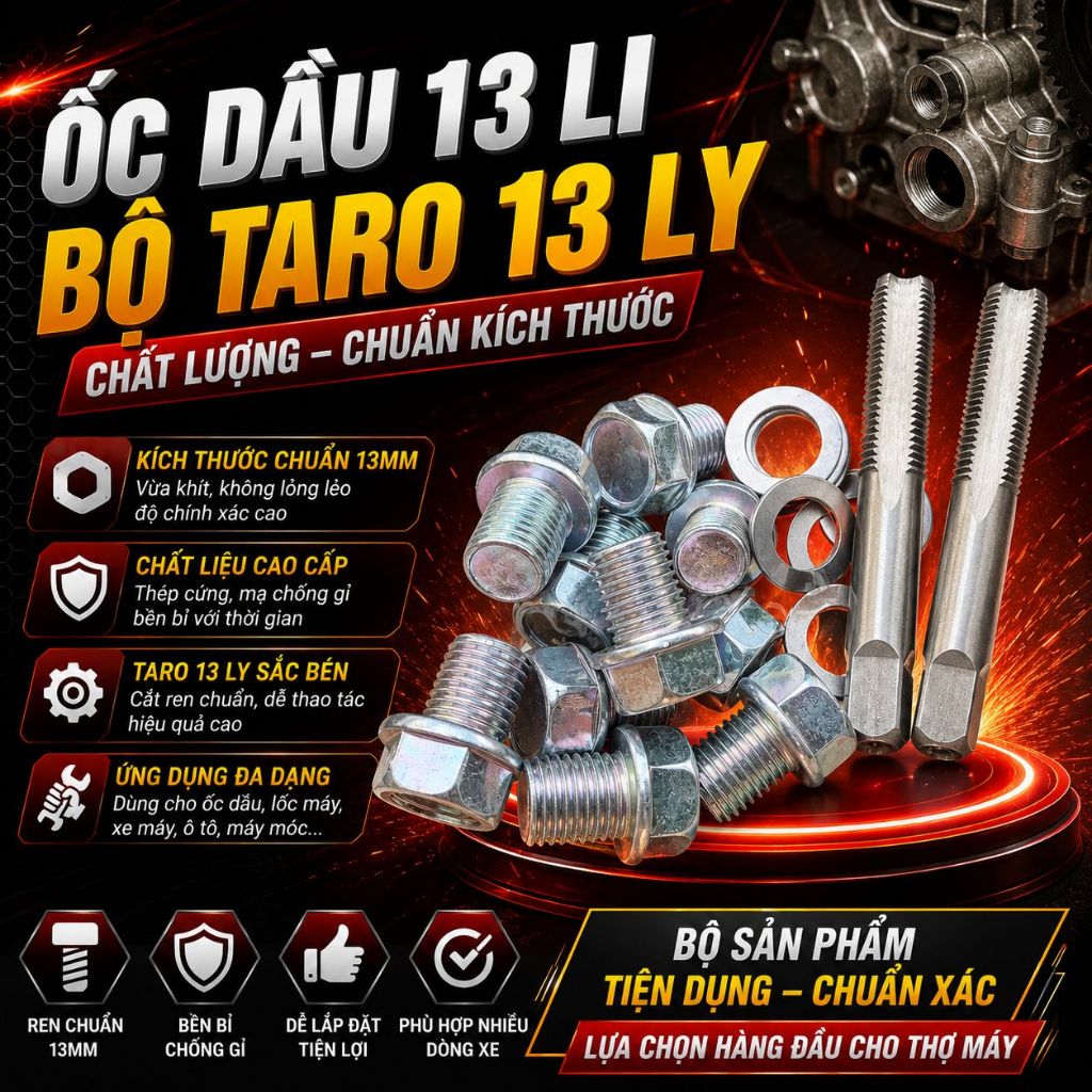 10 Ốc Rốn Dầu Kèm Long Đen 13 Ly Xe Máy – Ốc Xả Dầu Động Cơ | Chống Rò Rỉ, Bền Chắc, Dễ Thay Thế