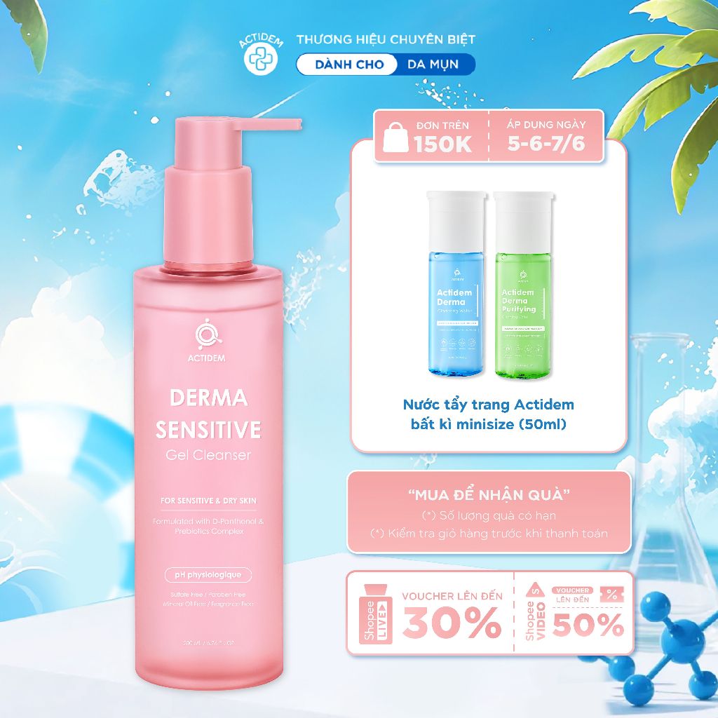 Gel rửa mặt dành cho da khô, nhạy cảm Actidem Derma Sensitive Gel Cleanser 200ml