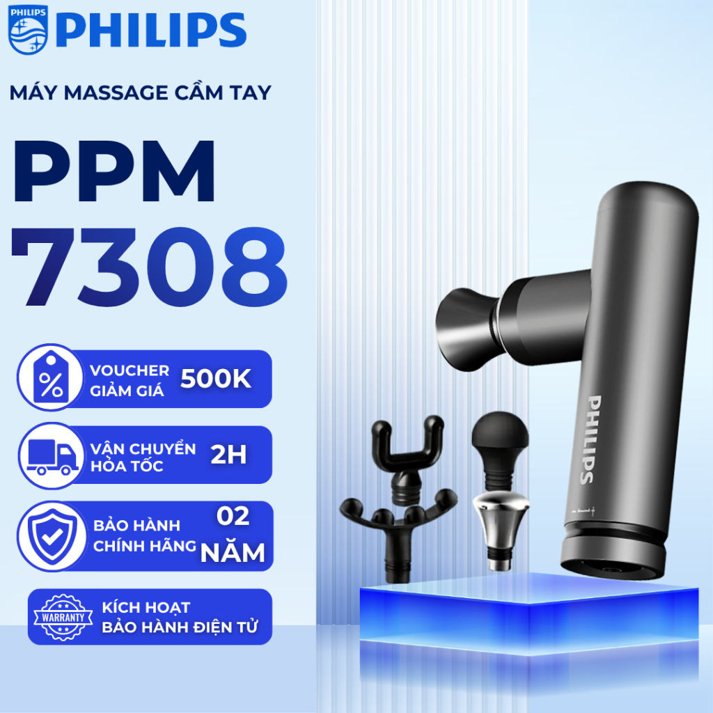 Máy Massage Cầm Tay Philips PPM7308 Mini 4 Đầu, 5 Cấp Độ, 3200 Vòng/Phút, Pin 1500mAh, Nhỏ Gọn