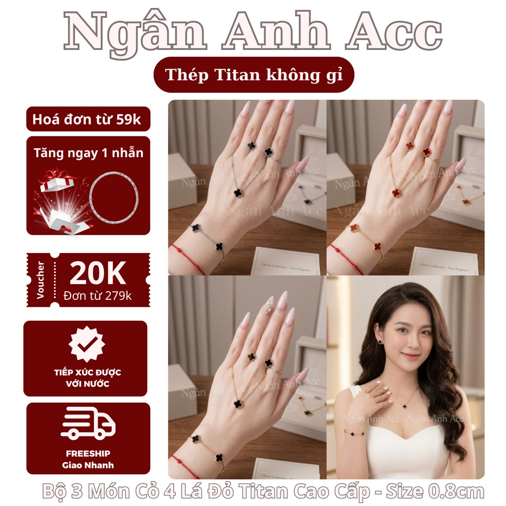 Set vòng tay cỏ 4 lá titan không gỉ bộ phụ kiện trang sức may mắn vòng cổ nữ cỏ bốn lá mini và khuyê