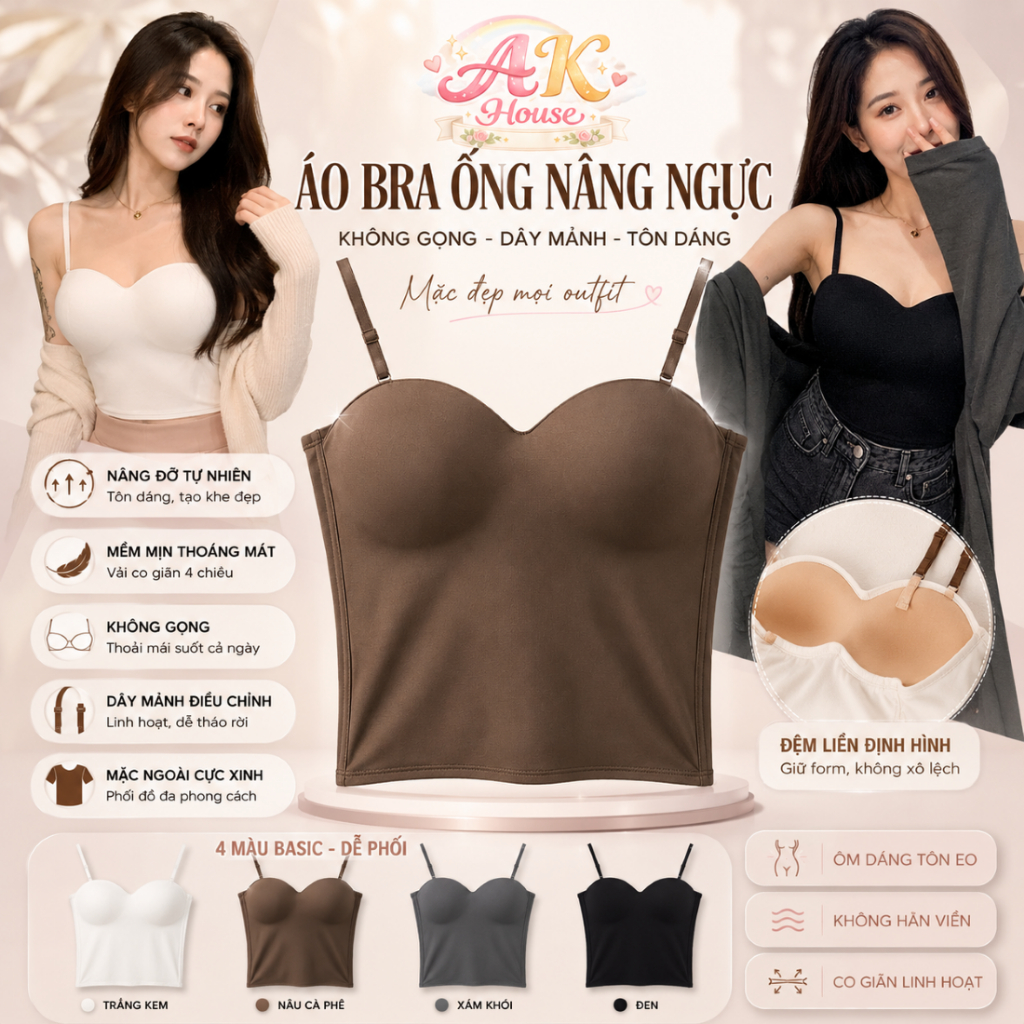 [AB3] Áo 2 Dây Lụa Băng AB3 Có Mút Ngực Cố Định – Áo Croptop Nữ Ôm Body Không Cần Mặc Bra,Điều Chỉnh