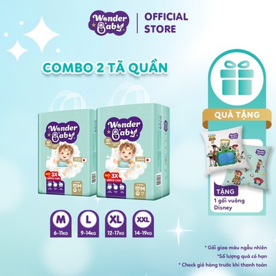 [TẶNG 1 GỐI DISNEY] Combo 2 Tã/Bỉm quần Thương Hiệu Nhật Bản WONDER BABY 5 Lớp Siêu Thấm Hút, Đủ Size