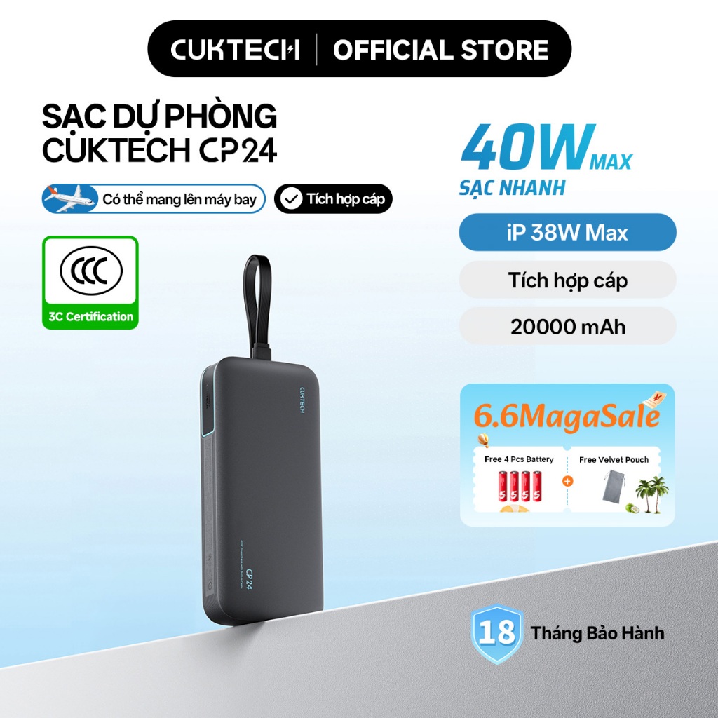 【Được chứng nhận CCC】CUKTECH Pin Dự Phòng 20000mAh Sạc Nhanh 40W – Tích Hợp Dây, Hỗ Trợ iP 38W / Xiaomi 33W —— CP24 | BigBuy360 - bigbuy360.vn