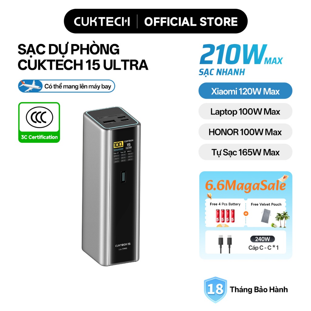 【Được chứng nhận CCC】CUKTECH Sạc Nhanh 210W 20000mAh – Hỗ Trợ Xiaomi 120W, Samsung 45W, iP16/15/14 Laptop 140W | BigBuy360 - bigbuy360.vn