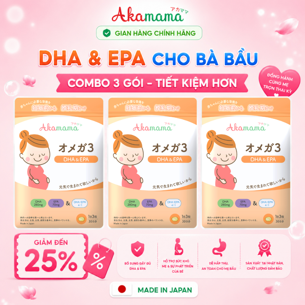 [COMBO 3] DHA cho  bà bầu Akamama - Nhật Bản hỗ trợ tăng cường miễn dịch cho mẹ và bé