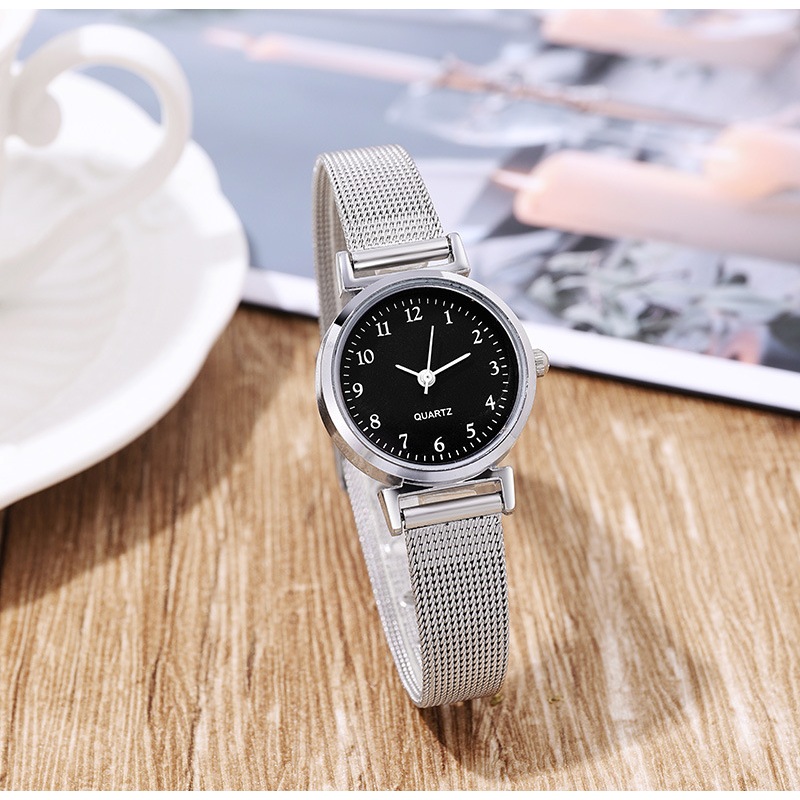 Đồng hồ nữ thạch anh mặt nhỏ Đơn giản, Dây đeo bằng thép không gỉ màu bạc Kim số xem giờ cho nữ 0 đồ