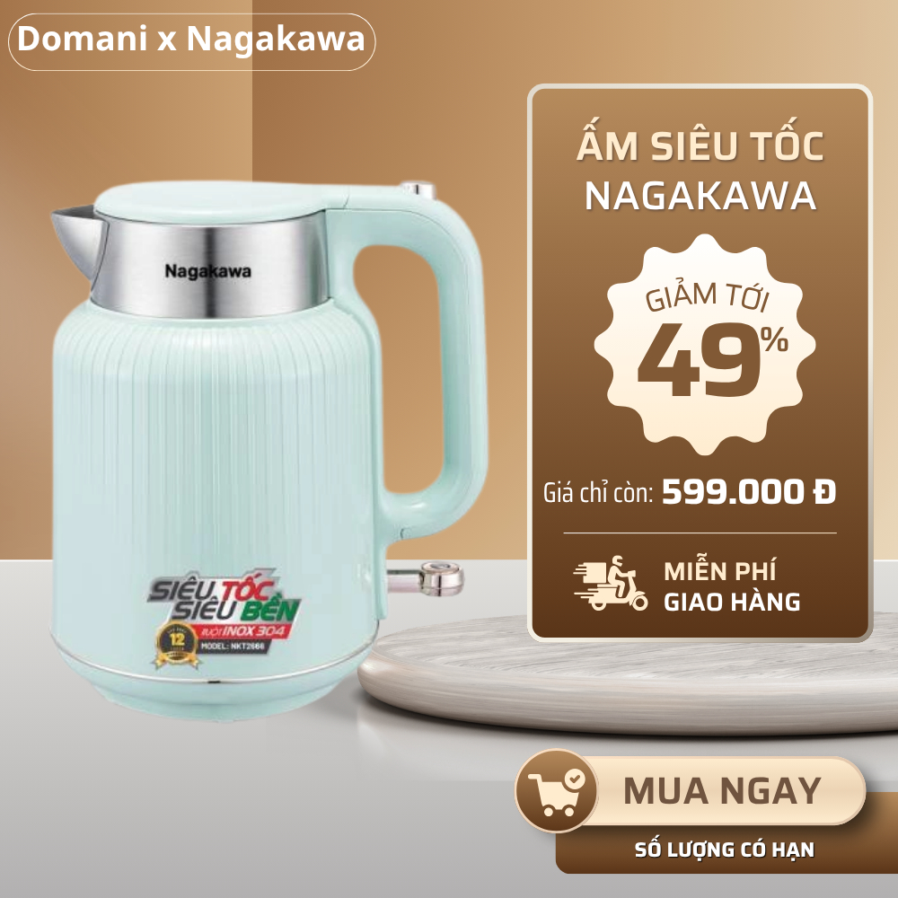 Ấm siêu tốc Nagakawa NKT2666 1.7L – Inox 304, tự ngắt, đế xoay 360°, bảo hành 12 tháng