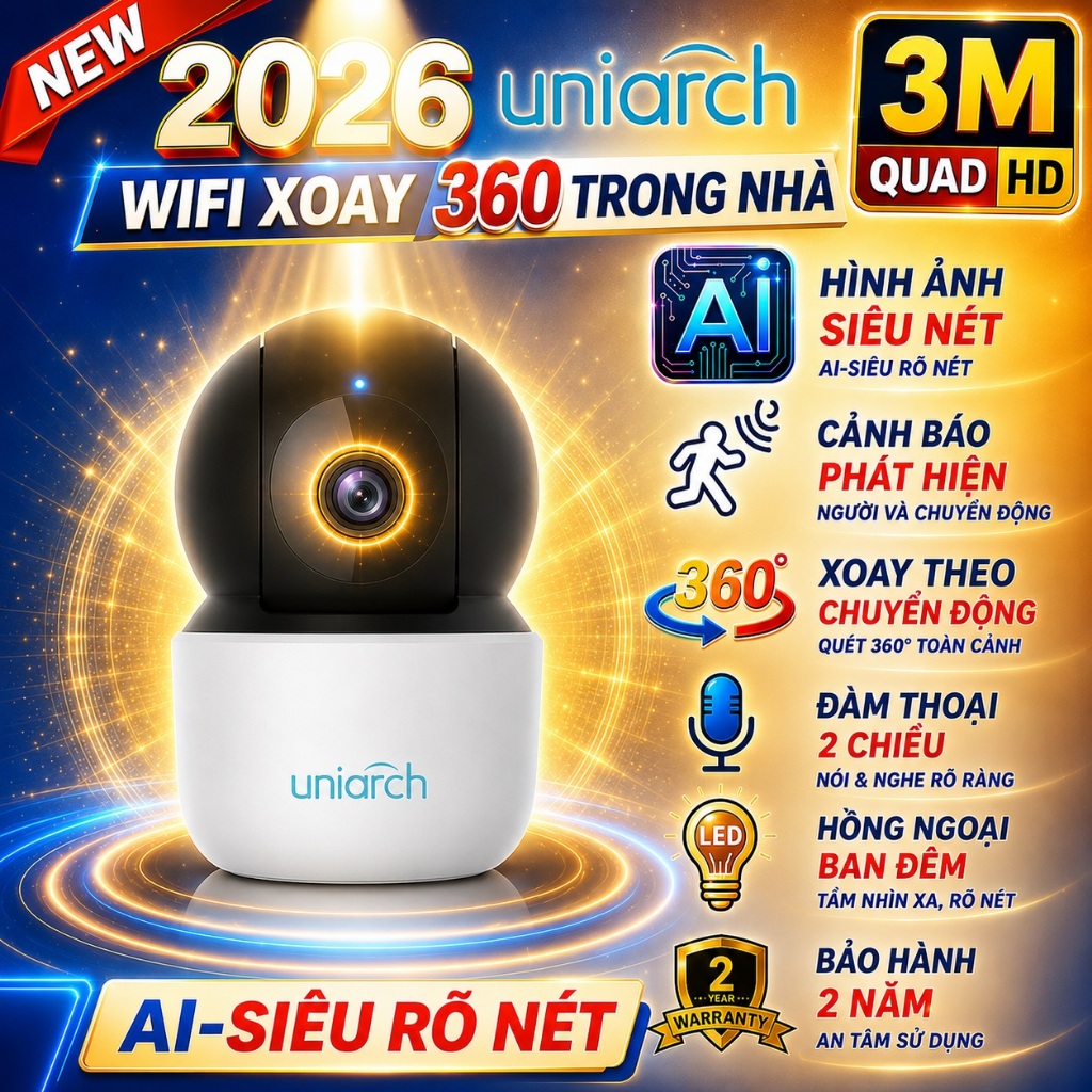 Camera Wifi Trong Nhà UNV Uniarch  S3E- Xoay Quét 360 độ, Đàm Thoại 2 Chiều, Hồng Ngoại Ban Đêm