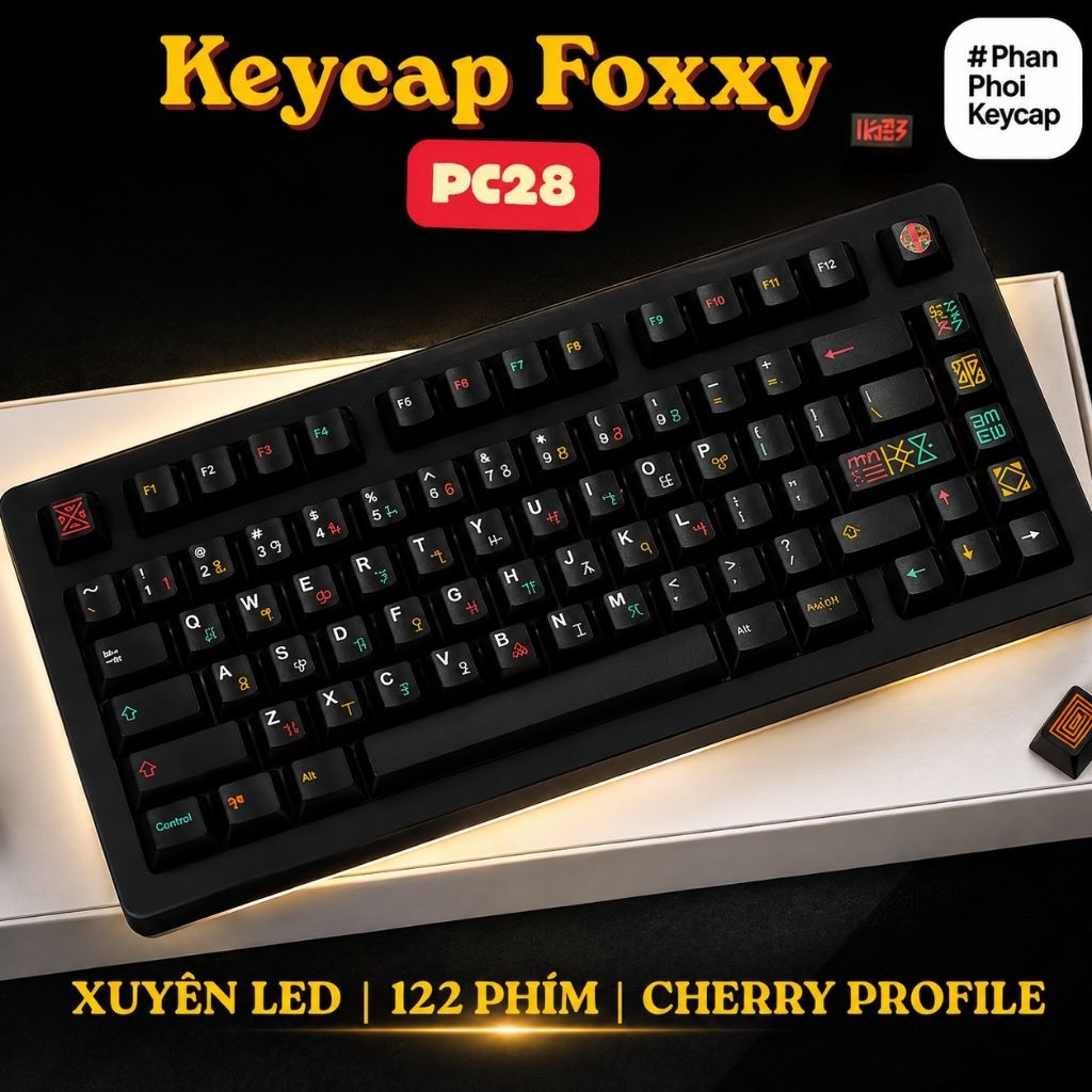 PC 28 | Keycap trong suốt Foxxy | Xuyên led | PC | 122 nút bàn phím cơ | cherry profile