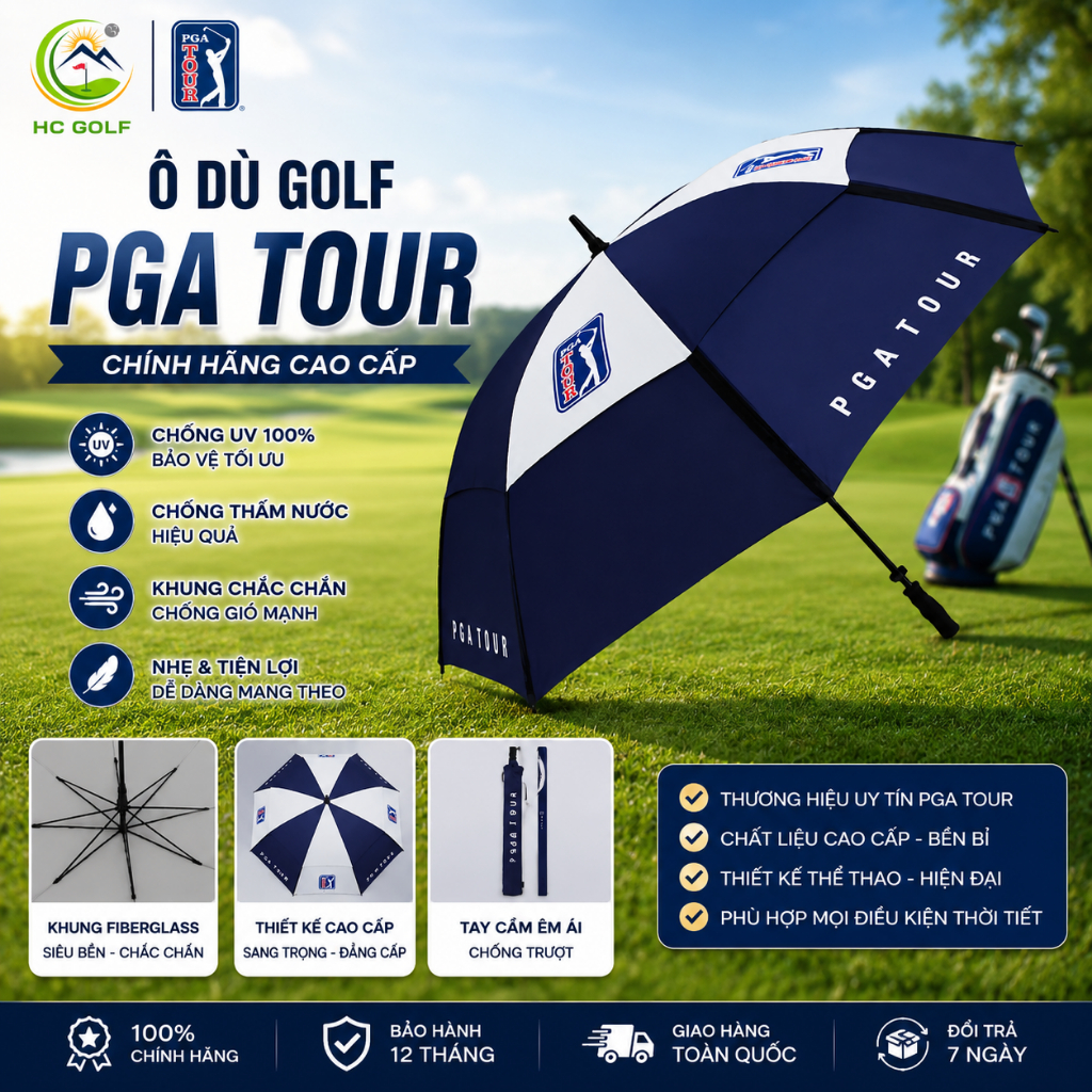 Ô dù thể thao, ô dù chơi golf PGA TOUR chính hãng thiết kế siêu nhẹ, chắc chắn, chống lật, chống tia