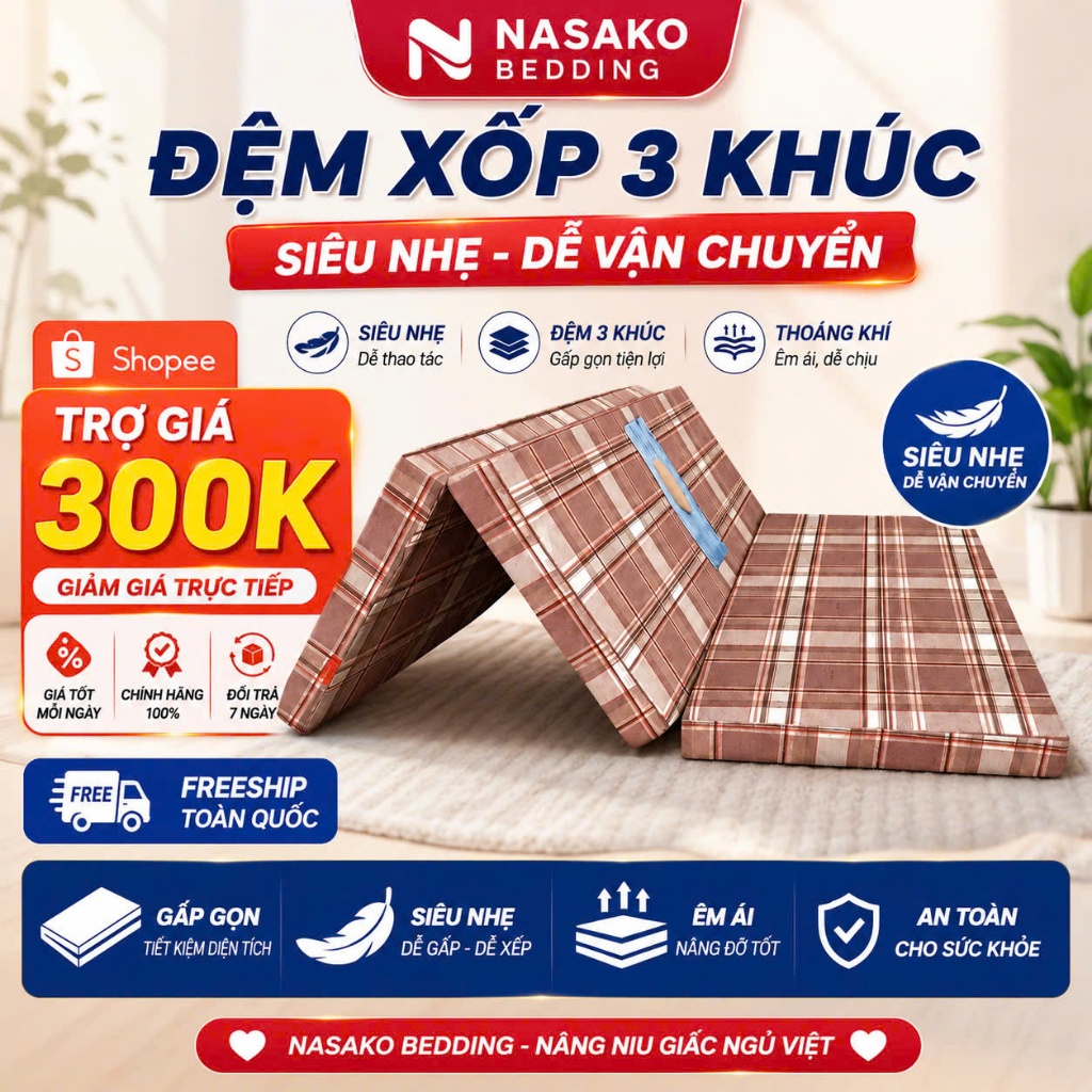 Đệm 3 Khúc Xốp Ép ⚡FREE SHIP⚡ Nệm Siêu Nhẹ Đủ Các Kích Thước Có Vỏ Đệm Lồng Sẵn Hàng Bền Đẹp