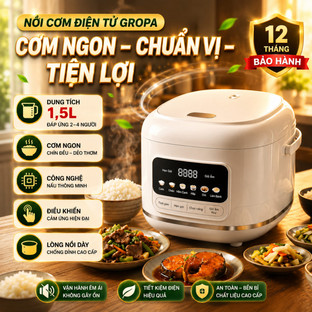 Nồi cơm điện tử Gropa 1,2L với màn hình hiển thị 6 chế độ nấu, lòng nồi chống dính 3 lớp dày dặn