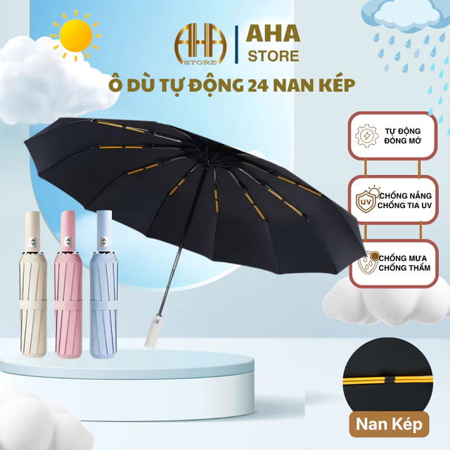 Dù Che Mưa, Che Nắng Cao Cấp 24 NAN KÉP TỰ ĐỘNG Gấp Gọn Để Túi Xách Ba Lô Cốp Xe, Chống Tia UV