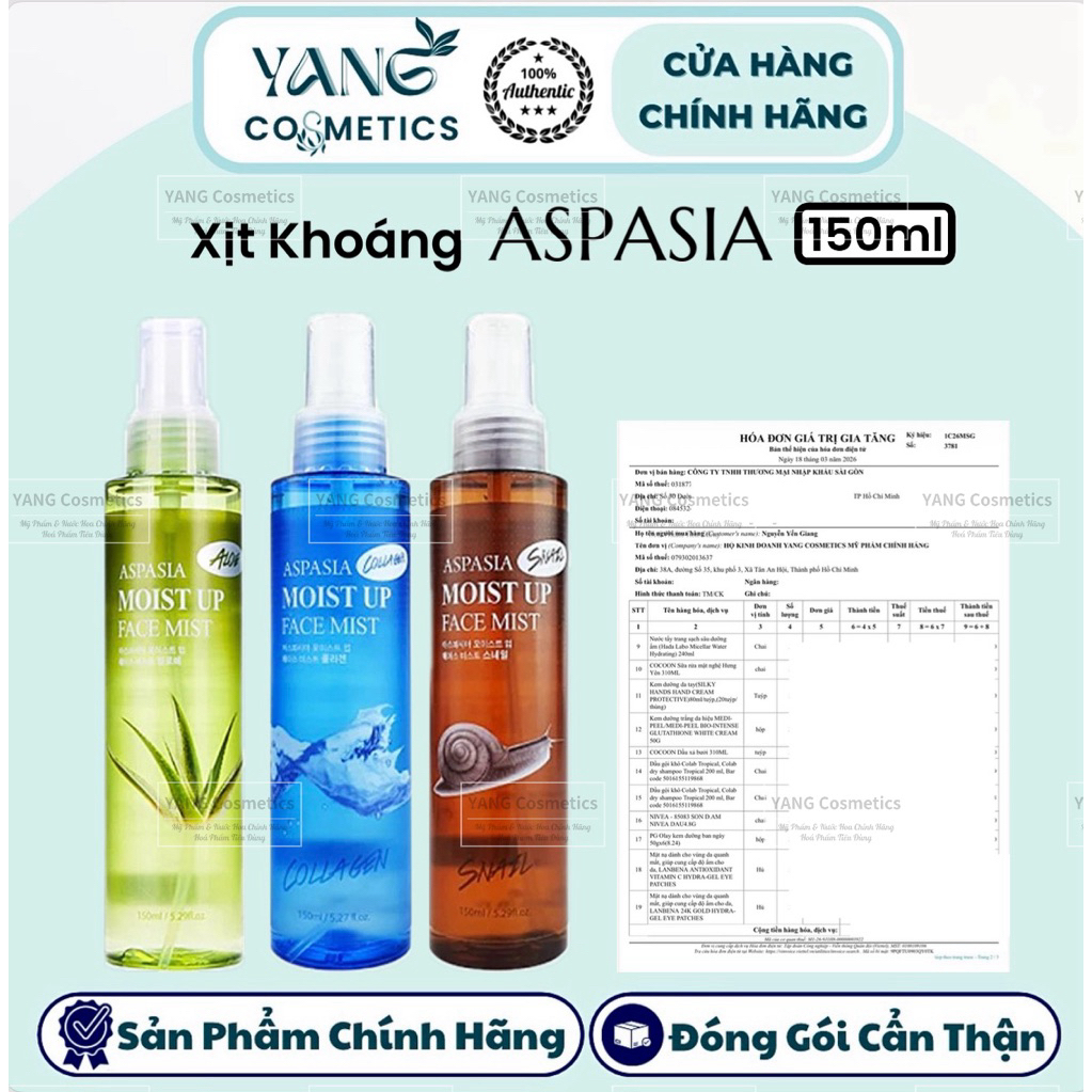 Xịt Khoáng Aspasia 150ml Tinh chất Lô Hội, Collagen, Ốc Sên - ASPASIA Dưỡng Ẩm Mềm Mịn da