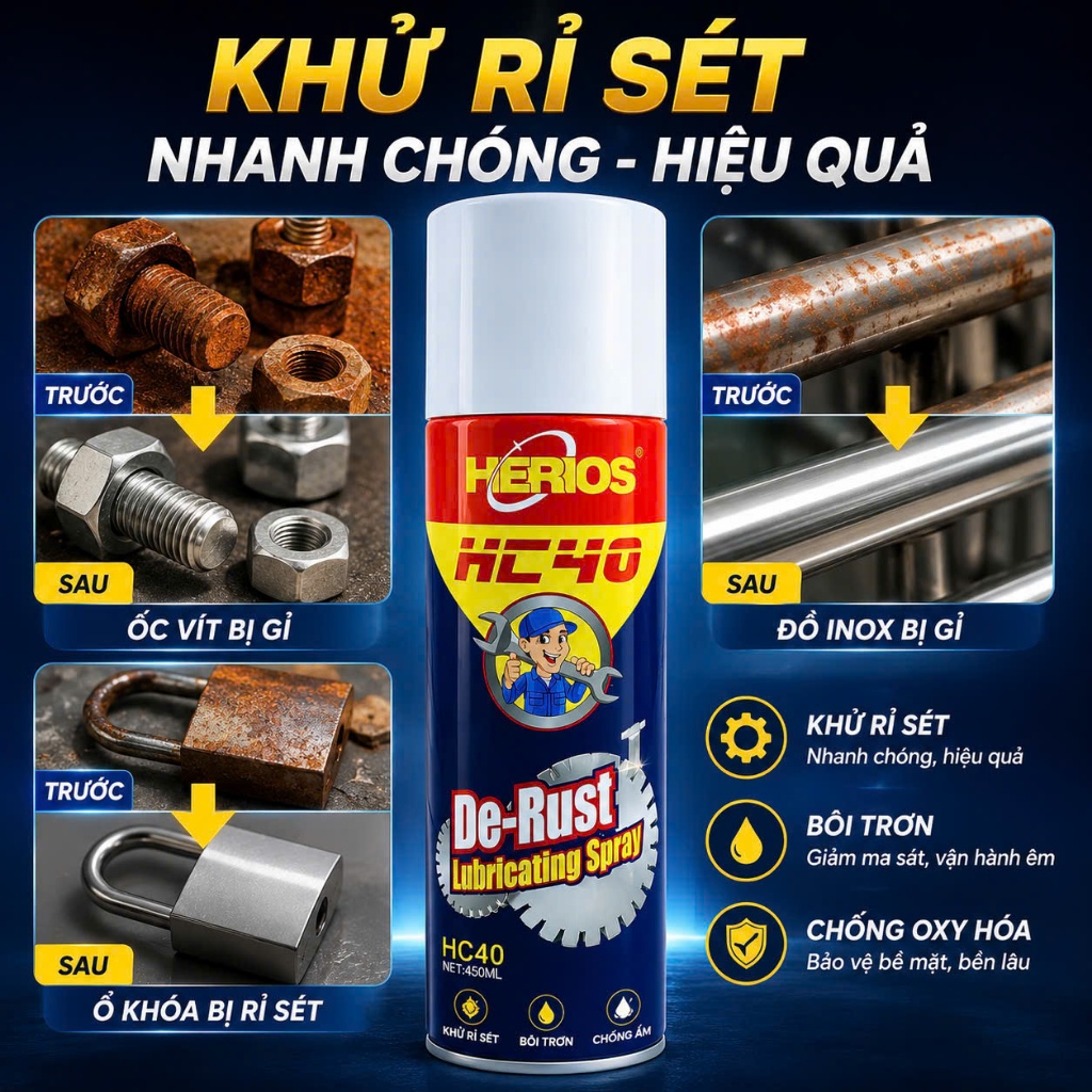 [HÀNG XỊN]Chai xịt đánh sét gỉ kim loại - Dầu bôi trơn tẩy gỉ sét đa năng chính hãng Herios xuất khẩ