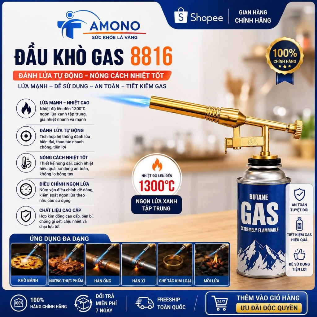 HCM- Khò Gas 8816 – Đánh Lửa Tự Động, Đầu Nòng Cách Nhiệt, Ngọn Lửa Nhọn Mạnh, Ứng Dụng Mọi Công Việ
