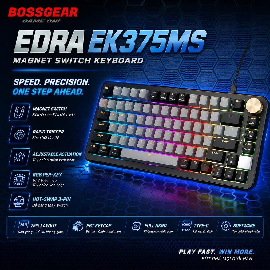 Bàn phím cơ EDRA EK375MS (Magnet Switch Keyboard), LED RGB, Rapid Trigger, Chính Hãng.