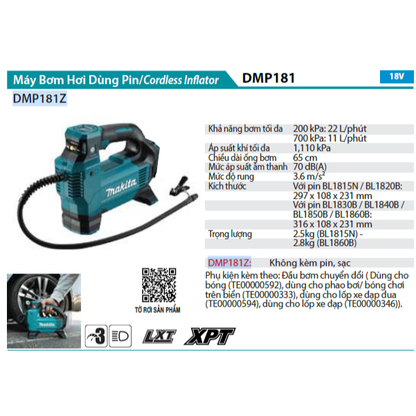 Máy Bơm Hơi Dùng Pin 18V Makita DMP181Z - Thiết Bị Cầm Tay Đa Năng