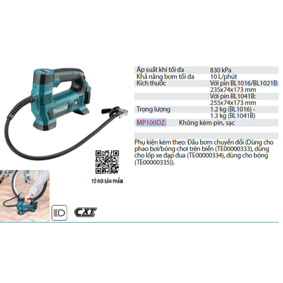 Máy bơm hơi Makita dùng pin 12V MP100DZ