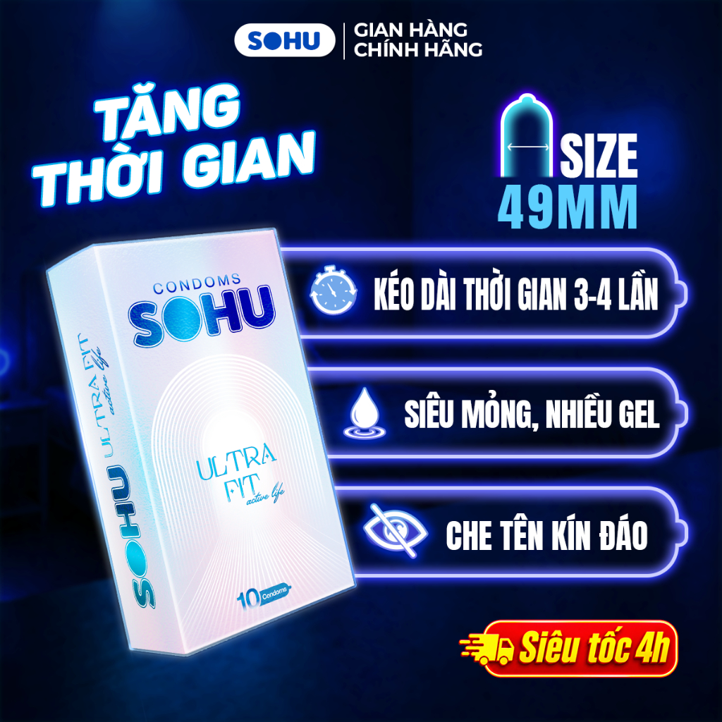Bao cao su SOHU ULTRA FIT size 49mm mỏng ôm sát, kéo dài thời gian